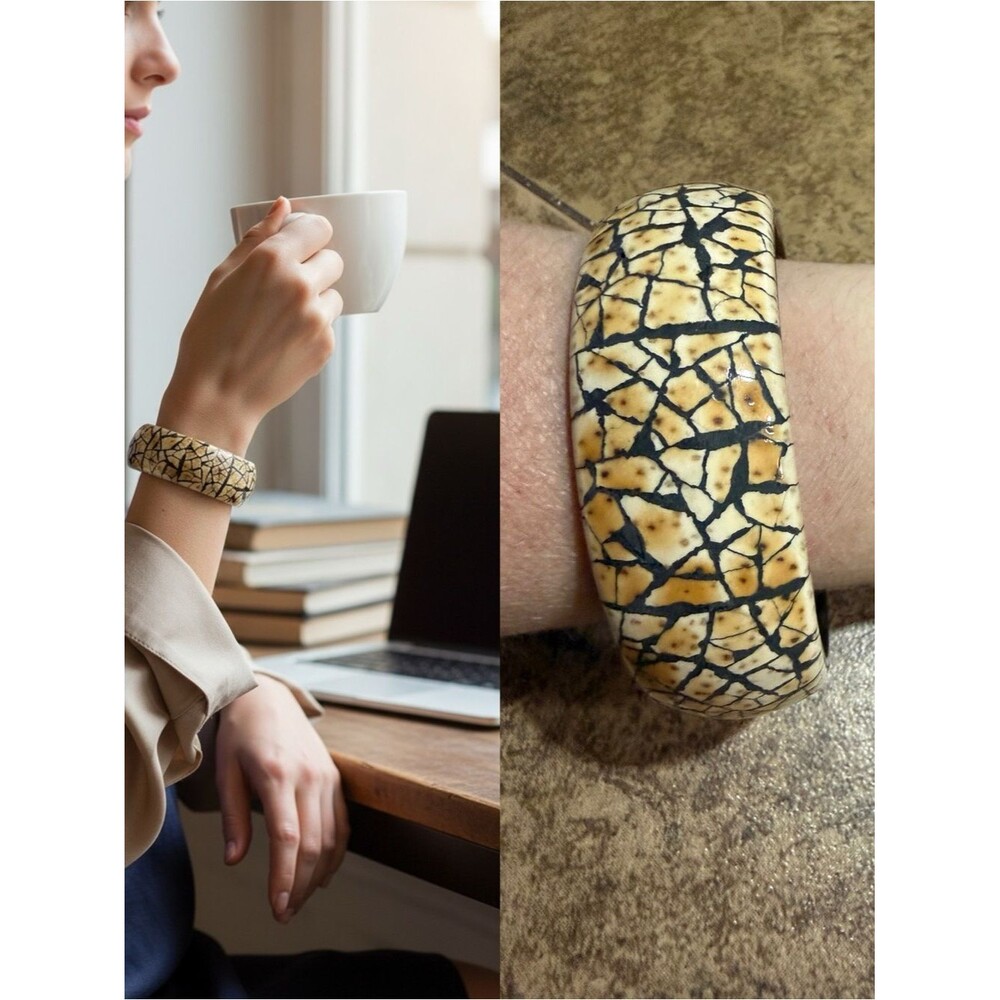 Vintage Crackle Pattern Wide Bangle Bracelet Cream Black Statement Bracelet